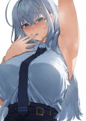 Rule 34 | 1girl, ahoge, armpit focus, armpits, blue eyes, blue nails, breasts, collared shirt, embarrassed, hair ornament, hairclip, helm (nikke), highres, large breasts, long hair, looking at viewer, nail, nail polish, necktie, neshia (tsaqif0309), open mouth, original, shirt, simple background, sirius (azur lane), sleeveless, solo, steam, sweat, very long hair, white background