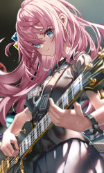 Rule 34 | 1girl, black shirt, blue eyes, blush, bocchi the rock!, closed mouth, cube hair ornament, electric guitar, gibson les paul, gotoh hitori, grey skirt, guitar, hair between eyes, hair ornament, highres, holding, holding instrument, instrument, long hair, looking at viewer, music, pink hair, playing instrument, pleated skirt, shino (eefy), shirt, short sleeves, sidelocks, skirt, solo, sweat