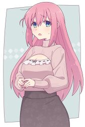 Rule 34 | 1girl, black skirt, blue eyes, blush, bocchi the rock!, breasts, cleavage, cleavage cutout, clothing cutout, e20, flying sweatdrops, gotoh hitori, grey background, hair between eyes, highres, long sleeves, medium breasts, one side up, parted lips, pink hair, pink sweater, puffy long sleeves, puffy sleeves, skirt, solo, sweat, sweater, turtleneck, turtleneck sweater, two-tone background, white background
