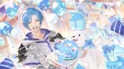 Rule 34 | 1boy, :3, absurdres, ahoge, altventurer (regis altare), balloon, birthday cake, bishounen, blue hair, box, cake, confetti balloon, decorations, dog, english text, food, gift, gift box, green eyes, happy birthday, highres, holostars, holostars english, hood, hoodie, light particles, looking at viewer, male focus, open mouth, regis altare, rm-parfait, short hair, slime (creature), solo, teeth, upper teeth only, virtual youtuber