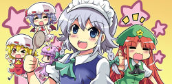 Rule 34 | 5girls, apron, blonde hair, colonel aki, commentary request, closed eyes, flandre scarlet, hong meiling, izayoi sakuya, light purple hair, long hair, maid, maid apron, maid headdress, multiple girls, one eye closed, open mouth, patchouli knowledge, purple hair, red hair, remilia scarlet, short hair, silver hair, smile, star (symbol), thumbs up, touhou