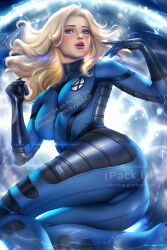 Rule 34 | ass, ayya sap, blonde hair, blue eyes, blue jumpsuit, bodysuit, fantastic four, invisible, jumpsuit, long hair, looking at viewer, marvel, sue storm