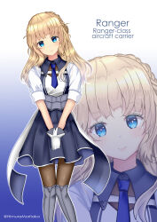 Rule 34 | 1girl, absurdres, black pantyhose, blonde hair, blue eyes, blue necktie, boots, character name, closed mouth, gradient background, grey footwear, highres, himura moritaka, kantai collection, knee boots, looking at viewer, multiple girls, necktie, own hands together, pantyhose, ranger (kancolle), short sleeves, smile, solo, twitter username, zoom layer