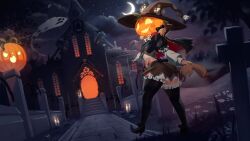 Rule 34 | 1girl, absurdres, ascot, black bow, black footwear, black hat, black thighhighs, bow, building, candle, candle on head, capelet, church, cloud, cloudy sky, crescent moon, crop top, cross, fence, flower, fog, gargoyle, ghost, glowing, grass, grave, hair bow, halloween, hat, highres, jack-o&#039;-lantern, jack-o&#039;-lantern head, looking at viewer, looking back, monster girl, moon, night, niniidawns, original, pointy footwear, severed arm, severed limb, skirt, sky, solo, stairs, star (sky), starry sky, stitches, thighhighs, twintails, witch hat