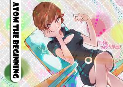 Rule 34 | 1girl, announcement celebration, atom: the beginning, brown eyes, brown hair, chair, head rest, cleavage cutout, clothing cutout, copyright name, desk, dutch angle, crossed legs, looking at viewer, majiro (mazurka), popped collar, sitting, smile, solo, tetsuwan atom, tsutsumi motoko