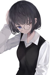 Rule 34 | 1girl, absurdres, arm up, black-framed eyewear, black hair, breasts, closed mouth, collared shirt, commentary request, ear piercing, eyebrows hidden by hair, glasses, highres, long sleeves, mole, mole under eye, ogami ren, one eye closed, original, piercing, purple eyes, round eyewear, shirt, simple background, small breasts, solo, sweater vest, upper body, white background, white shirt