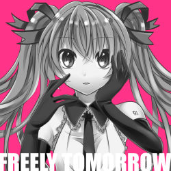 Rule 34 | 1girl, elbow gloves, face, freely tomorrow (vocaloid), gloves, hand on own face, hands on own face, hatsune miku, highres, monochrome, necktie, pink background, simple background, solo, twintails, vocaloid, yayoi (egoistic realism)