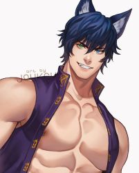 Rule 34 | 1boy, abs, animal ear fluff, animal ears, artist name, bara, bare pectorals, blue eyes, blue hair, cat boy, collarbone, commentary, commission, fangs, green eyes, grin, hair between eyes, heterochromia, highres, jouvru, looking at viewer, male focus, muscular, nipple piercing, nipple rings, open clothes, open mouth, original, pectorals, piercing, purple vest, simple background, slit pupils, smile, solo, symbol-only commentary, thick eyebrows, upper body, vest, watermark, white background
