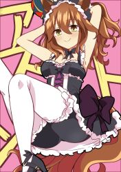 Rule 34 | 1girl, alternate costume, animal ears, armpits, arms behind head, arms up, aston machan (umamusume), black footwear, bow, brown hair, closed mouth, commentary request, crown, dress, enmaided, frilled dress, frills, green eyes, high heels, highres, horse ears, horse girl, horse tail, looking at viewer, maid, medium hair, purple bow, smile, solo, tail, thighhighs, tilted headwear, umamusume, wahiko (black bastard), white thighhighs