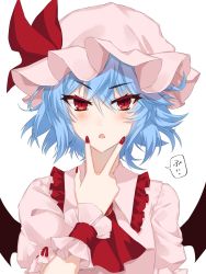 Rule 34 | 1girl, black wings, blue hair, blush, bonnet, bow, cunnilingus gesture, dress, hair between eyes, hat, hat bow, highres, himadera, looking at viewer, nail polish, open mouth, pink dress, pink hat, red bow, red eyes, red nails, remilia scarlet, short hair, short sleeves, simple background, solo, touhou, upper body, white background, wings, wrist cuffs