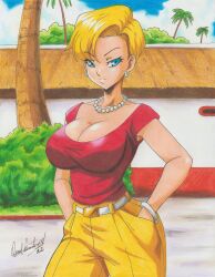 Rule 34 | 1girl, 2022, absurdres, android 18, artist name, blonde hair, blue eyes, bracelet, breasts, building, bush, cleavage, closed mouth, cowboy shot, day, dragon ball, dragon ball super, dragonball z, earrings, female focus, hands in pockets, highres, jewelry, large breasts, necklace, outdoors, palm tree, pants, ravernclouk design, red shirt, shirt, short hair, sky, solo, standing, traditional media, tree, yellow pants