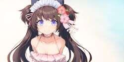 Rule 34 | 1girl, bikini, blue archive, blush, brown hair, closed mouth, collarbone, flower, frilled bikini, frills, hair flower, hair ornament, highres, inre kemomimi, long hair, looking at viewer, official alternate costume, pink bikini, pink flower, purple eyes, red flower, shizuko (blue archive), shizuko (swimsuit) (blue archive), smile, solo, swimsuit, twintails, two side up, upper body
