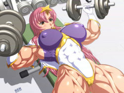 Rule 34 | 1girl, abs, bench press, biceps, breasts, cameltoe, cosplay, covered erect nipples, dumbbell, exercising, gundam, gundam seed, gundam seed destiny, large breasts, long hair, meer campbell, muscular, muscular female, obliques, pink hair, ren (tainca2000), thick thighs, thighs, yellow eyes