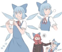 Rule 34 | 2girls, bad id, bad tumblr id, blue eyes, blue hair, bow, cape, cirno, covered mouth, dated, dress, hair bow, heart, heart hands, mefomefo, multiple girls, puffy short sleeves, puffy sleeves, pushing, pushing away, red eyes, red hair, sekibanki, shirt, short hair, short sleeves, touhou, wings