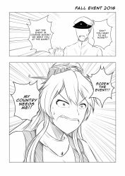 Rule 34 | 10s, 1boy, 1girl, 2koma, admiral (kancolle), comic, english text, greyscale, hair between eyes, highres, iowa (kancolle), kantai collection, monochrome, wangphing
