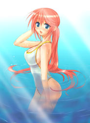 Rule 34 | 1girl, blue eyes, breasts, cleavage, large breasts, long hair, mugitarou, one-piece swimsuit, original, ponytail, red hair, ripples, sideboob, solo, submerged, swimsuit, wet