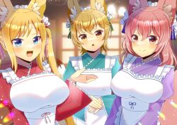 Rule 34 | 3girls, :d, :o, animal ear fluff, animal ears, apron, blonde hair, blue eyes, blue kimono, blurry, blurry background, blush, breasts, brown eyes, closed mouth, commentary request, commission, depth of field, frilled apron, frills, hair between eyes, indoors, japanese clothes, juliet sleeves, kimono, kou hiyoyo, large breasts, long hair, long sleeves, looking at viewer, multiple girls, open mouth, original, parted lips, pink hair, puffy sleeves, purple kimono, red kimono, skeb commission, small breasts, smile, tail, twintails, very long hair, white apron, wide sleeves, window