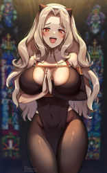 Rule 34 | 1girl, :d, artist name, bare shoulders, belt, between breasts, black pantyhose, blonde hair, blurry, blurry background, blush, borrowed character, breasts, bridal gauntlets, church, cleavage, detached collar, detached sleeves, forehead, foxyreine, gold trim, hairband, horns, huge breasts, long hair, looking at viewer, midriff, mole, mole on breast, mole under mouth, nail polish, navel, nun, open mouth, original, own hands together, pantyhose, parted bangs, patreon logo, red eyes, red nails, shiny clothes, shiny legwear, single bridal gauntlet, sleeveless, smile, solo, stained glass, white hairband, zipper