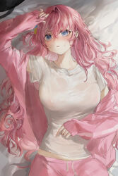 Rule 34 | 1girl, absurdres, arm up, bed sheet, blush, bocchi the rock!, breasts, covered erect nipples, cube hair ornament, gotoh hitori, hair ornament, hair spread out, highres, jacket, large breasts, long hair, long sleeves, lying, on back, one side up, pants, pink jacket, pink pants, shirt, sleeves past wrists, solo, sweatdrop, user mmfx5444, very long hair, wet, wet clothes, wet shirt, white shirt