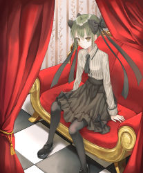 Rule 34 | 1girl, black footwear, black necktie, black pantyhose, black ribbon, black skirt, buttons, cha chya, collared shirt, commentary, couch, empty eyes, english commentary, expressionless, green hair, hair ribbon, high-waist skirt, highres, indoors, long sleeves, mary janes, necktie, on couch, original, pantyhose, ribbon, shirt, shoes, short hair, sidelocks, sitting, skirt, solo, striped clothes, striped shirt, tile floor, tiles, wallpaper (object), yellow eyes