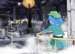 Rule 34 | 1girl, blue hair, cityscape, female focus, from behind, green hat, hair bobbles, hair ornament, hat, kawashiro nitori, moon, night, night sky, railing, sape (saperon black), scenery, short hair, skirt, sky, solo, touhou, twintails, two side up