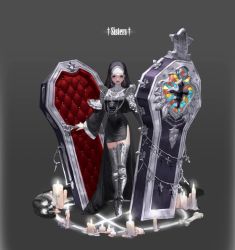 Rule 34 | + +, 1girl, armor, bad id, bad twitter id, black headwear, candle, closed mouth, coffin, cross, english text, fire, glint, glowing, greaves, grey background, highres, holding, jewelry, magic circle, melting, mimi ps 20, mole, mole under mouth, necklace, nun, original, pauldrons, pink hair, red eyes, red lips, short hair, shoulder armor, simple background, skull, solo, standing, turtleneck