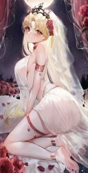 Rule 34 | 1girl, alternate costume, anklet, armlet, backboob, bare shoulders, barefoot, blonde hair, blurry, blush, breast curtains, breasts, bridal veil, chiachun0621, commentary, curtains, curvy, depth of field, dress, ereshkigal (fate), eyelashes, fate/grand order, fate (series), feet, flower, from side, full body, full moon, hair between eyes, hair flower, hair ornament, highres, indoors, jewelry, knees together feet apart, large breasts, legs, long hair, looking at viewer, moon, neck flower, night, night sky, parted lips, petals, red eyes, red flower, red rose, rose, rose petals, sitting, skindentation, sky, soles, solo, straight hair, thigh strap, tiara, toenails, toes, veil, very long hair, wedding dress, window, yokozuwari