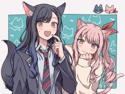 Rule 34 | 1girl, 1other, :d, akiyama mizuki, androgynous, animal ear fluff, animal ears, animalization, aqua background, b718293, baggy clothes, black hair, black jacket, black necktie, blazer, blue hair, blush, border, buttons, cardigan, cat, cat ears, cat girl, cat tail, cathead, closed mouth, collared shirt, dark blue hair, diagonal-striped clothes, diagonal-striped necktie, doodles, drill hair, fang, fangs, finger to mouth, fish, framed, frown, gradient hair, hair ornament, hand on own chin, hand up, index finger raised, jacket, kamiyama high school uniform (project sekai), kemonomimi mode, lapels, long hair, long sleeves, looking at viewer, loose necktie, multicolored hair, multicolored necktie, necktie, notched lapels, open clothes, open collar, open jacket, open mouth, orange eyes, outside border, paperclip hair ornament, pink eyes, pink hair, pink shirt, project sekai, red necktie, school uniform, shiraishi an, shirt, side-by-side, side ponytail, single stripe, sleeves past wrists, smile, star (symbol), star hair ornament, striped, striped clothes, swept bangs, tail, unbuttoned, upper body, wavy hair, wavy mouth, whiskers, white border, white cardigan, white necktie, white shirt, white stripes