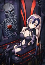 Rule 34 | 1girl, absurdres, armored boots, bare shoulders, black dress, black legwear, boots, breasts, chain, cleavage, cleavage cutout, closed mouth, clothing cutout, crossed legs, cup, dress, drinking glass, elbow gloves, fate/grand order, fate (series), fur-trimmed gloves, fur-trimmed legwear, fur trim, gloves, hand on own cheek, hand on own face, headpiece, highres, holding, holding cup, jeanne d&#039;arc (fate), jeanne d&#039;arc alter (avenger) (fate), jeanne d&#039;arc alter (avenger) (third ascension) (fate), jeanne d&#039;arc alter (fate), large breasts, long hair, looking at viewer, navel, navel cutout, shuvi (shuvi1125), sitting, skeleton, skull, sword, weapon, white hair, wine glass, yellow eyes