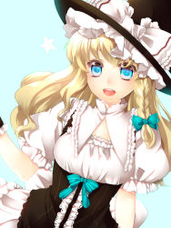 Rule 34 | 1girl, alternate costume, bad id, bad pixiv id, blonde hair, blue eyes, braid, curiosities of lotus asia, female focus, frills, hat, kirisame marisa, long hair, looking at viewer, open mouth, puffy sleeves, simple background, single braid, solo, star (symbol), symbol-shaped pupils, touhou, upper body, witch, witch hat, yutazou