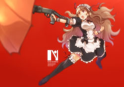 Rule 34 | 1girl, alternate costume, alternate hairstyle, apron, black bow, black dress, black ribbon, black thighhighs, blurry, blurry background, blurry foreground, bow, brown hair, character name, clenched hand, commentary request, copyright name, depth of field, detached collar, dress, dual-mode shotgun, enmaided, eyebrows, frilled dress, frilled sleeves, frilled thighhighs, frills, gun, hair down, hairband, holding, holding gun, holding weapon, idolmaster, idolmaster cinderella girls, kamiya nao, lolita hairband, long hair, looking to the side, maid, maid apron, neck ribbon, open mouth, puffy short sleeves, puffy sleeves, pump-action shotgun, pump action, red background, red eyes, ribbon, satomura kyou, semi-automatic shotgun, short sleeves, shotgun, simple background, solo, spas-12, standing, thighhighs, umbrella gun, weapon, white apron, wind, wristband