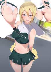 Rule 34 | 1girl, :d, absurdres, agovitch, artist name, ass, bare shoulders, blonde hair, blue eyes, blush, breasts, cheerleader, clothes lift, clothes writing, collarbone, crop top, green shirt, green skirt, hair between eyes, hand on own hip, highres, holding, holding pom poms, looking at viewer, medium breasts, midriff, miniskirt, multiple views, navel, open mouth, original, panties, pantyshot, pleated skirt, pom pom (cheerleading), pom poms, shirt, short hair, skirt, skirt lift, sleeveless, sleeveless shirt, smile, standing, sweat, thighs, underwear