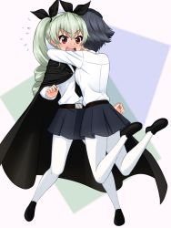Rule 34 | 10s, 2girls, anchovy (girls und panzer), anzio school uniform, belt, beret, black belt, black cape, black footwear, black hair, black hat, black neckwear, black ribbon, black skirt, blush, cape, commentary, dress shirt, drill hair, embarrassed, from behind, frown, full-face blush, full body, girls und panzer, green hair, hair ribbon, hat, highres, hug, jumping, legs up, loafers, long hair, long sleeves, miniskirt, multiple girls, necktie, open mouth, pantyhose, pepperoni (girls und panzer), pleated skirt, red eyes, ribbon, ruka (piyopiyopu), school uniform, shirt, shoes, short hair, skirt, standing, twin drills, twintails, v-shaped eyebrows, white legwear, white shirt, yuri