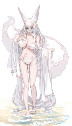 Rule 34 | 1girl, absurdly long hair, animal ear fluff, animal ears, bare shoulders, barefoot, bikini, breasts, cleavage, closed mouth, collarbone, commentary request, flower, fox ears, fox girl, fox tail, full body, grey eyes, groin, hair between eyes, hair flower, hair ornament, highres, large breasts, long hair, looking at viewer, navel, original, see-through, shallow water, simple background, solo, standing, swimsuit, tail, very long hair, water, white background, white bikini, white flower, white hair, yuuji (yukimimi)