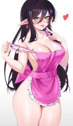 Rule 34 | 1girl, :p, absurdres, apron, back bow, black hair, black nails, blush, bow, breasts, capycapy, cleavage, collarbone, facial mark, frilled apron, frills, green eyes, hair between eyes, heart, highres, indie virtual youtuber, inverted cross earrings, large breasts, layna lazar, long hair, pink apron, pointy ears, saliva, saliva trail, second-party source, solo, strap slip, tongue, tongue out, virtual youtuber