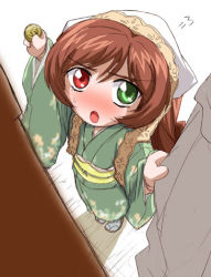 Rule 34 | 00s, 1girl, adapted costume, brown hair, flying sweatdrops, green eyes, head scarf, heterochromia, japanese clothes, kimono, long hair, long sleeves, looking at viewer, obi, red eyes, rozen maiden, sash, simple background, solo, standing, suiseiseki, very long hair, white background
