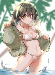 Rule 34 | 1girl, absurdres, arknights, bare legs, bikini, blush, breasts, brown hair, chinese commentary, cleavage, closed mouth, cowboy shot, crescent, crescent earrings, croci, earrings, green jacket, hair between eyes, halterneck, highres, jacket, jewelry, looking at viewer, magallan (arknights), medium breasts, midriff, multicolored hair, navel, open clothes, open jacket, partially undressed, short hair, single earring, solo, streaked hair, string bikini, swimsuit, thighs, two-tone hair, wading, water, water drop, white bikini, white hair, yellow eyes