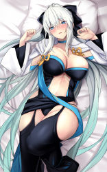 Rule 34 | 1girl, black bow, black dress, black footwear, blue eyes, boots, bow, braid, breasts, center opening, cleavage, dress, fate/grand order, fate (series), french braid, grey hair, hair bow, highres, large breasts, long hair, long sleeves, looking at viewer, lying, morgan le fay (fate), navel, on back, parted lips, pelvic curtain, ponytail, sidelocks, solo, thigh boots, thighs, two-tone dress, untue, very long hair, white dress, wide sleeves