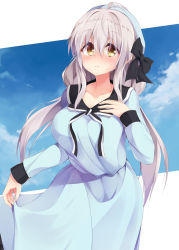 Rule 34 | 1girl, ahoge, blue dress, blush, brown eyes, clothes lift, collarbone, dress, dress lift, east01 06, frown, hairband, highres, long hair, looking at viewer, original, silver hair, solo