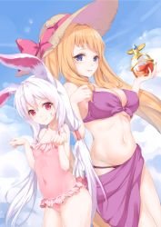 Rule 34 | 2girls, animal ears, bad id, bad pixiv id, bikini, blonde hair, blue eyes, bottle, breasts, casual one-piece swimsuit, cleavage, covered navel, hat, highres, large breasts, long hair, looking at viewer, multiple girls, navel, one-piece swimsuit, original, parted lips, paw pose, pink one-piece swimsuit, purple bikini, purple sarong, rabbit ears, red eyes, sarong, small breasts, smile, standing, sun hat, swimsuit, twintails, white hair