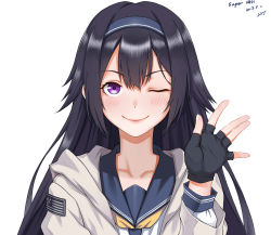 Rule 34 | 1girl, absurdres, black hair, blush, character name, commentary request, dated, fingerless gloves, girls&#039; frontline, gloves, highres, hood, hooded jacket, jacket, long hair, looking at viewer, one eye closed, purple eyes, simple background, smile, solo, super sass (girls&#039; frontline), waving, zui ai shuang mawei