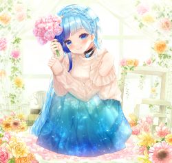 Rule 34 | 1girl, aoi sana, bad id, bad pixiv id, black choker, blue eyes, blue hair, blue skirt, blunt bangs, blush, bouquet, braid, character request, choker, closed mouth, crown braid, flower, hair ornament, highres, holding, holding bouquet, long hair, long skirt, long sleeves, pink flower, pink rose, ribbed sweater, rose, sitting, skirt, sleeves past wrists, smile, solo, star (symbol), star hair ornament, sweater, virtual youtuber, white sweater, yellow flower, yellow rose