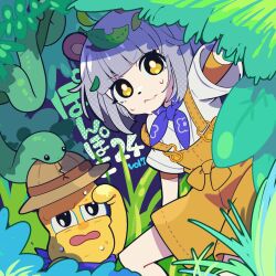 Rule 34 | 1boy, 1girl, animal, animal ears, blunt bangs, brown headwear, closed mouth, grey hair, hat, highres, jungle, leaf, leaf on head, looking at viewer, mode aim, mzh, nature, open mouth, orange overalls, overalls, peanuts-kun, ponpoko (vtuber), raccoon ears, raccoon girl, shirt, short hair, short sleeves, snake, sweat, virtual youtuber, wavy mouth, white shirt, yellow eyes