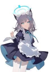 Rule 34 | 1girl, absurdres, alternate costume, animal ear fluff, animal ears, apron, black jacket, blue archive, blue eyes, blue halo, cross hair ornament, eco 376124, enmaided, extra ears, grey hair, hair ornament, halo, highres, jacket, juliet sleeves, long sleeves, looking at viewer, maid, maid apron, medium hair, mismatched pupils, open mouth, puffy sleeves, shiroko (blue archive), simple background, solo, thighhighs, white apron, white background, white thighhighs, wolf ears