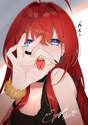 Rule 34 | 1girl, abe suke, absurdres, ahoge, bare shoulders, black collar, black nails, black tank top, blue eyes, breasts, brown scrunchie, cleavage, collar, commentary request, fellatio gesture, forked tongue, hair between eyes, hair intakes, hand up, highres, jewelry, long hair, looking at viewer, medium breasts, nail polish, ok sign, open mouth, oral invitation, original, piercing, red hair, ring, scrunchie, signature, solo, tank top, teeth, tongue, tongue out, tongue piercing, translation request, upper body, upper teeth only, very long hair, wrist scrunchie