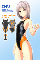 Rule 34 | 1girl, absurdres, black one-piece swimsuit, blue background, brown eyes, collarbone, commentary request, competition swimsuit, cowboy shot, flat chest, gradient background, hair over one eye, highleg, highleg swimsuit, highres, one-piece swimsuit, original, short hair, silver hair, solo, standing, swimsuit, takafumi, translation request