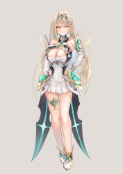 Rule 34 | 1girl, bare shoulders, blonde hair, breasts, commentary request, dress, earrings, elbow gloves, full body, gem, gloves, headpiece, highres, inoue takuya (tactactak), jewelry, long hair, looking at viewer, mythra (xenoblade), solo, standing, swept bangs, tiara, very long hair, xenoblade chronicles (series), xenoblade chronicles 2, yellow eyes