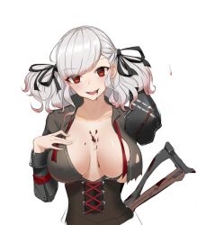Rule 34 | 1girl, anming, black ribbon, blood, blood on breasts, blood on face, blush, breasts, collarbone, combat shotgun, corset, dual-mode shotgun, gauntlets, girls&#039; frontline, grey shirt, gun, gun on back, hair ornament, hair ribbon, highres, large breasts, long hair, looking at viewer, open mouth, pump-action shotgun, pump action, red eyes, ribbon, semi-automatic firearm, semi-automatic shotgun, shirt, shotgun, silver hair, solo, spas-12, spas-12 (girls&#039; frontline), spas-12 (goblin huntress) (girls&#039; frontline), torn clothes, upper body, weapon, weapon on back, white background