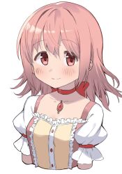 Rule 34 | 1girl, alternate hairstyle, arms at sides, black outline, breasts, buttons, center frills, choker, closed mouth, cocoa (ultra mdk), collarbone, cropped torso, dot nose, facing viewer, frilled sleeves, frills, hair between eyes, hair down, highres, kaname madoka, light blush, light smile, looking to the side, mahou shoujo madoka magica, mahou shoujo madoka magica (anime), medium hair, messy hair, outline, pink eyes, pink hair, puffy short sleeves, puffy sleeves, red choker, red ribbon, ribbon, ribbon choker, short sleeves, sidelocks, sideways glance, simple background, small breasts, solo, soul gem, tareme, upper body, white background