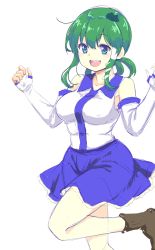 Rule 34 | 1girl, :d, blue eyes, boots, breasts, detached sleeves, dra (area-s), frog hair ornament, green hair, hair ornament, hair tubes, highres, kochiya sanae, open mouth, simple background, skirt, smile, solo, touhou, white background